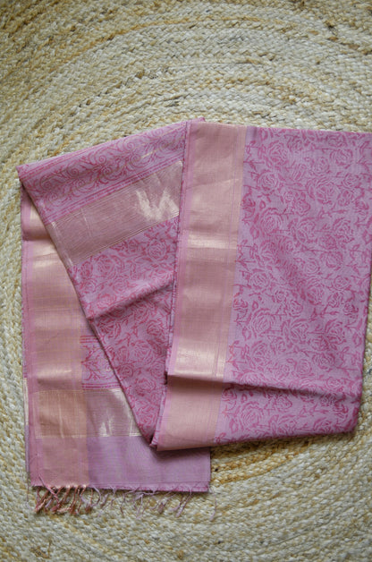 Mauve Block Print Pure Silk Handloom Saree