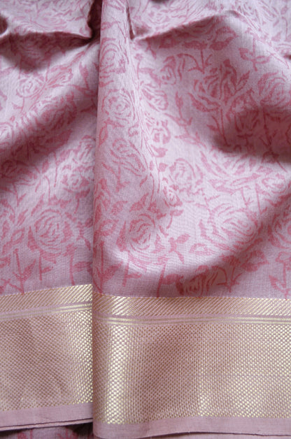 Mauve Block Print Pure Silk Handloom Saree