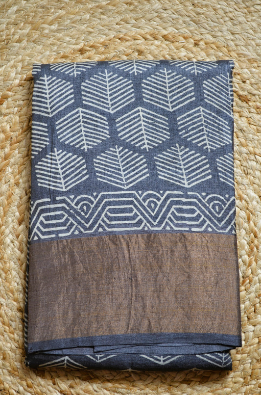 Steel Tussar Pure Silk Handloom Saree with Block Print