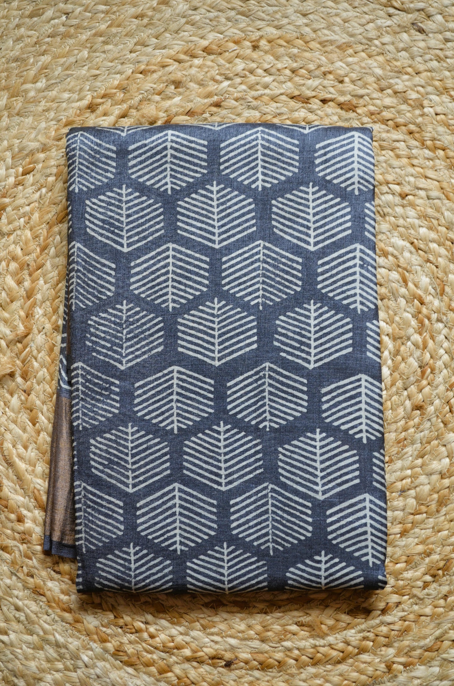 Steel Tussar Pure Silk Handloom Saree with Block Print