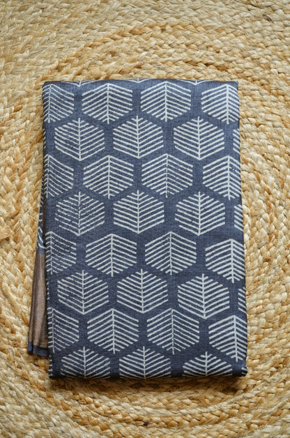 Steel Tussar Pure Silk Handloom Saree with Block Print