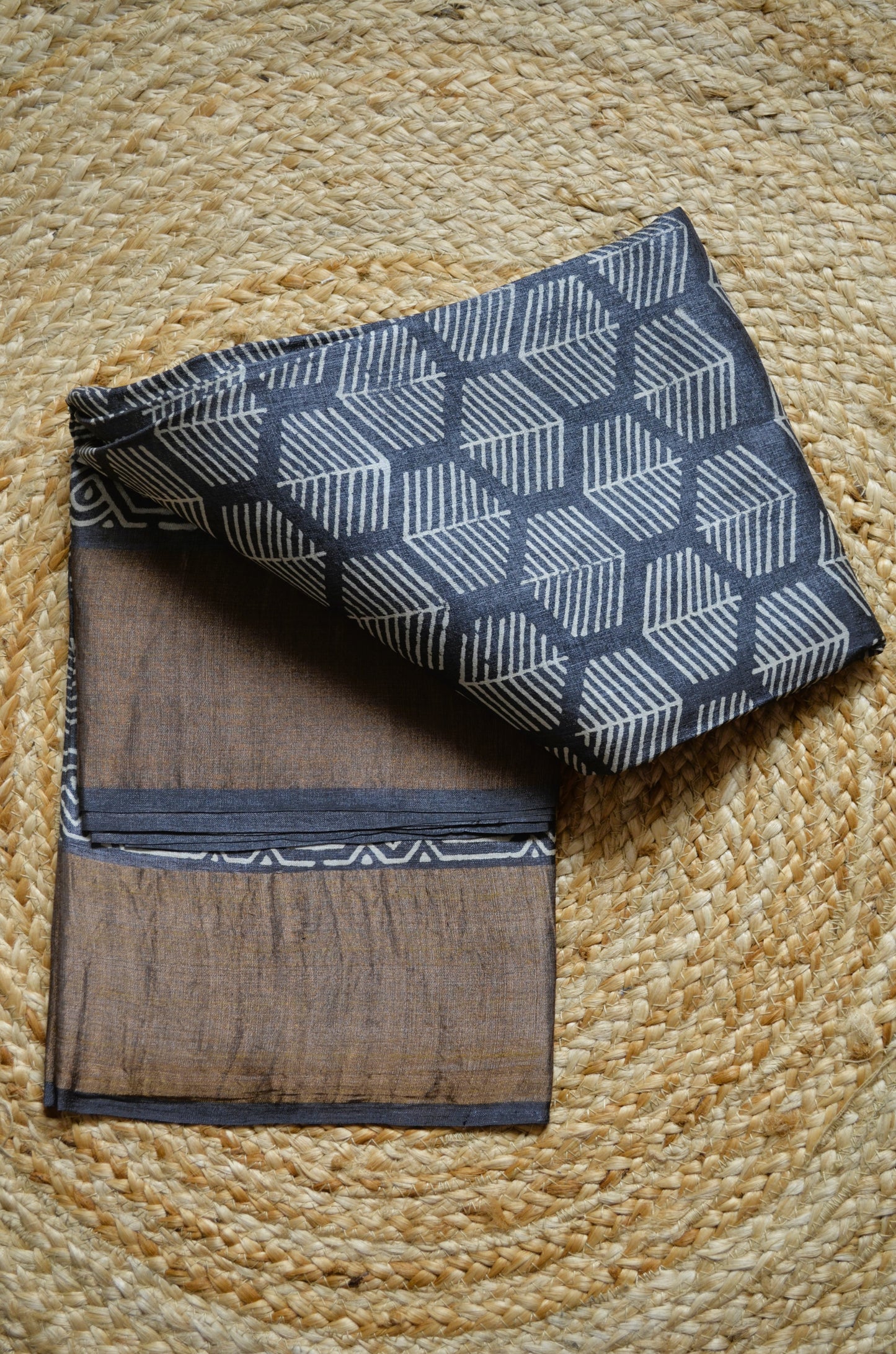 Steel Tussar Pure Silk Handloom Saree with Block Print