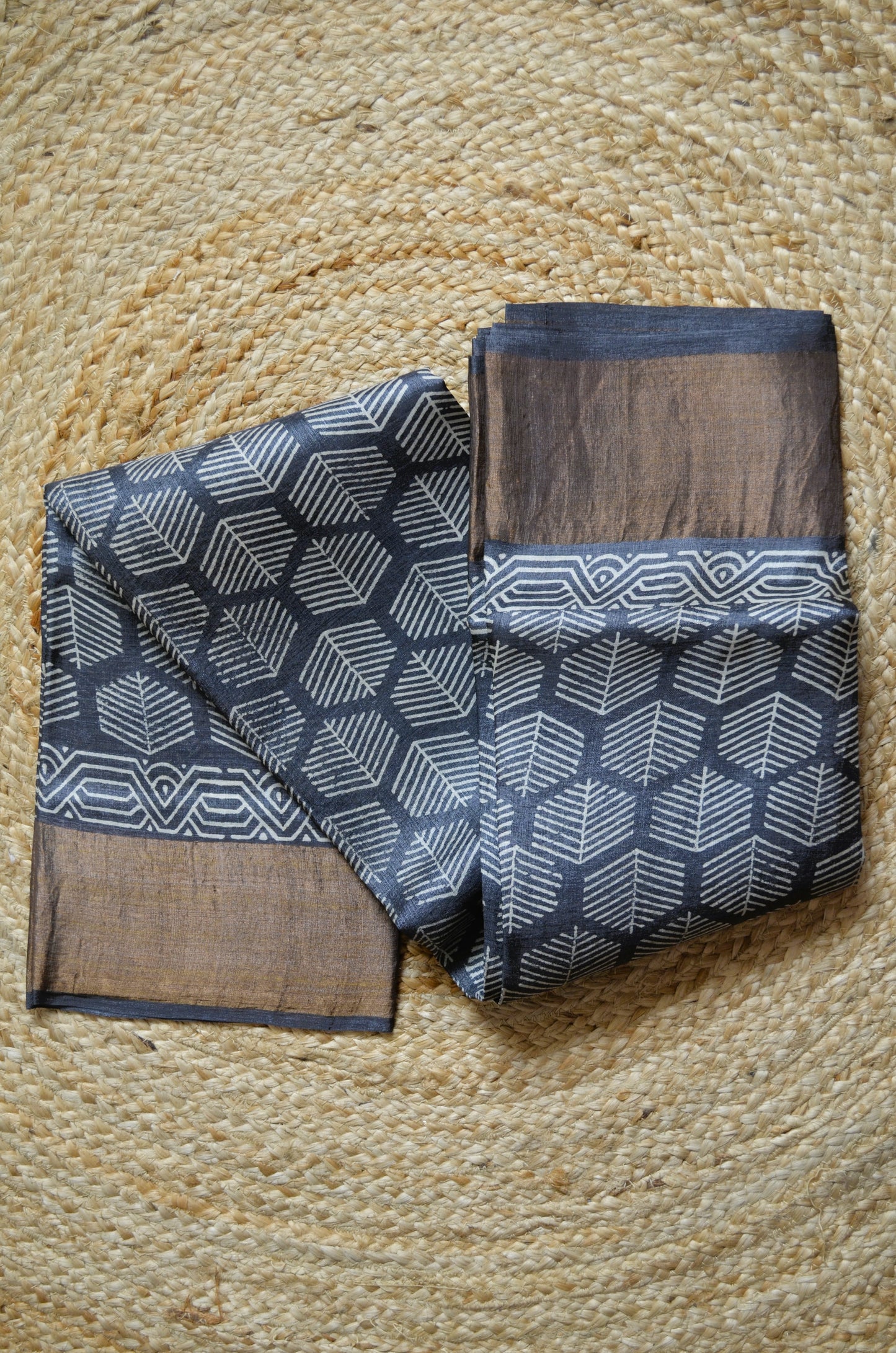 Steel Tussar Pure Silk Handloom Saree with Block Print
