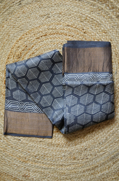 Steel Tussar Pure Silk Handloom Saree with Block Print