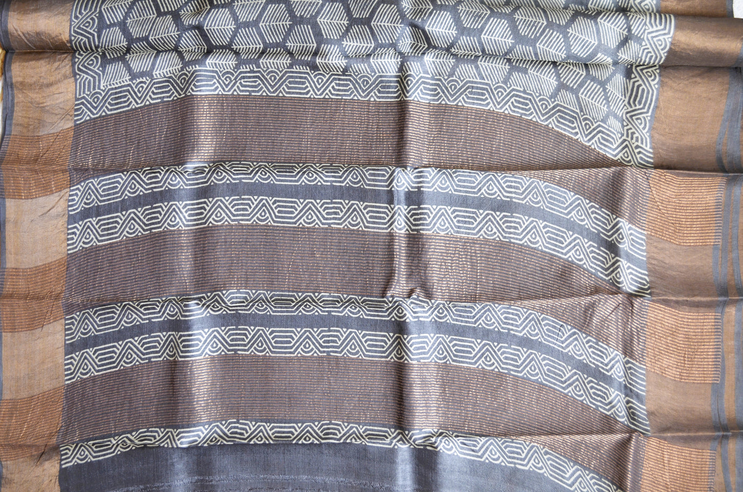 Steel Tussar Pure Silk Handloom Saree with Block Print