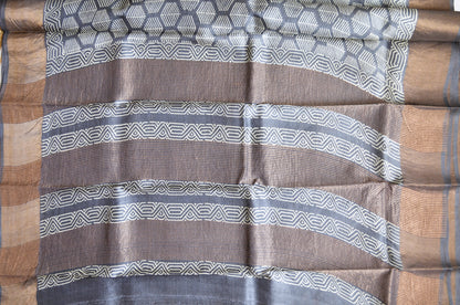 Steel Tussar Pure Silk Handloom Saree with Block Print
