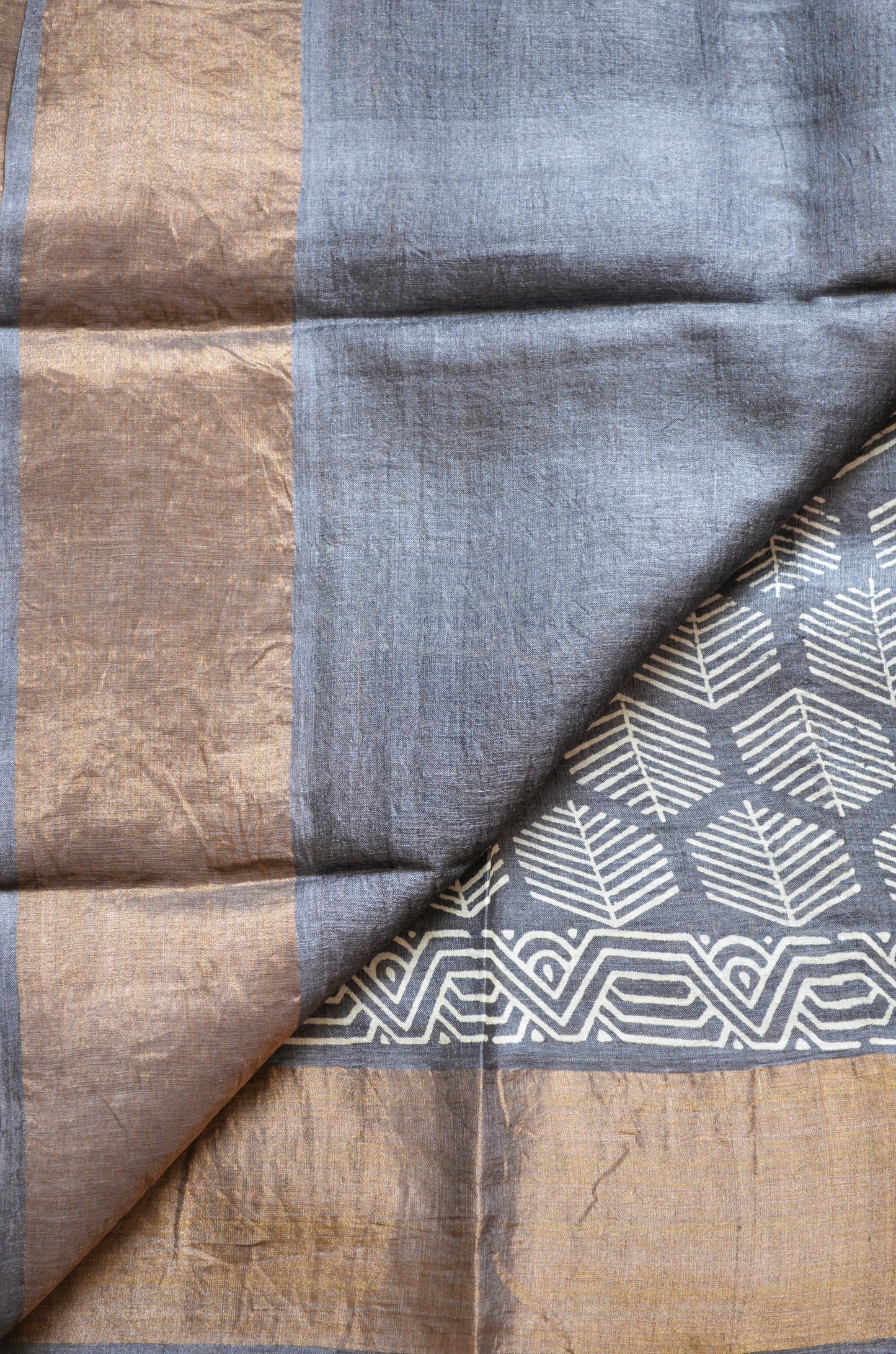 Steel Tussar Pure Silk Handloom Saree with Block Print
