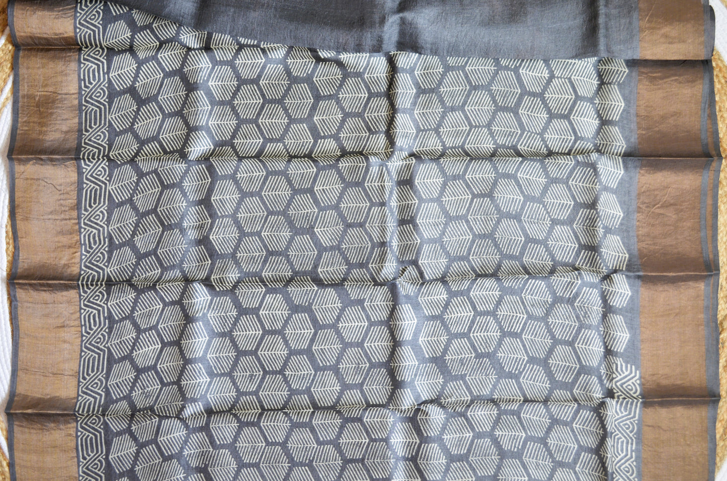 Steel Tussar Pure Silk Handloom Saree with Block Print