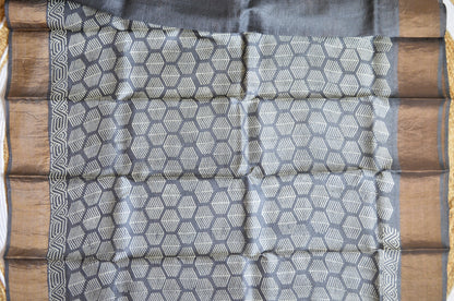 Steel Tussar Pure Silk Handloom Saree with Block Print