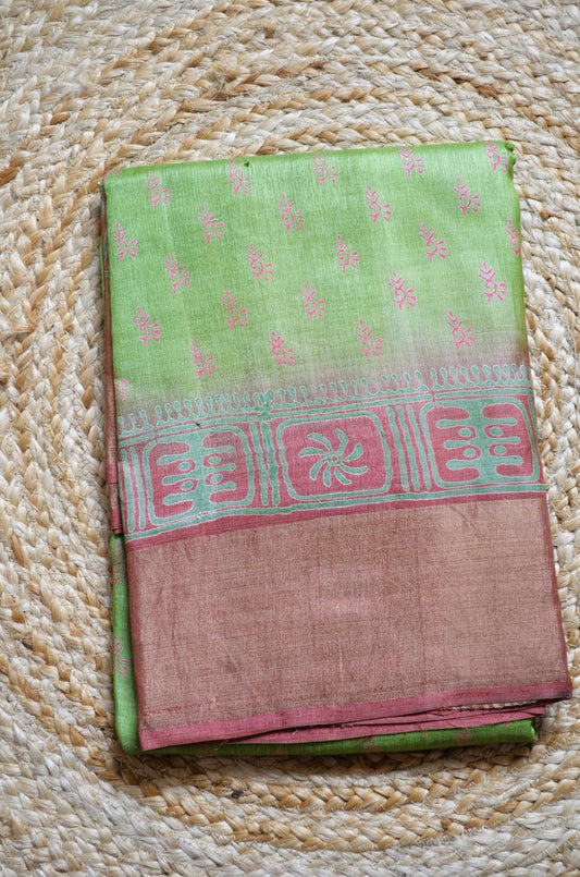 Olive Tussar Pure Silk Handloom Saree with Block Print