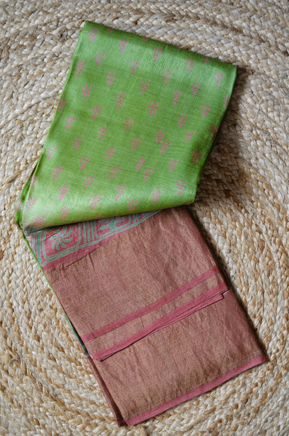 Olive Tussar Pure Silk Handloom Saree with Block Print