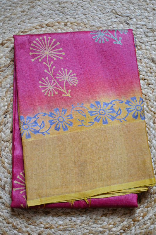 Magenta Yellow Tussar Pure Silk Handloom Saree with Block Print