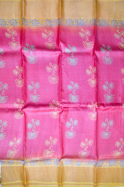 Magenta Yellow Tussar Pure Silk Handloom Saree with Block Print