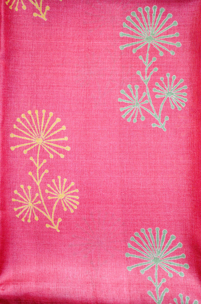 Magenta Yellow Tussar Pure Silk Handloom Saree with Block Print