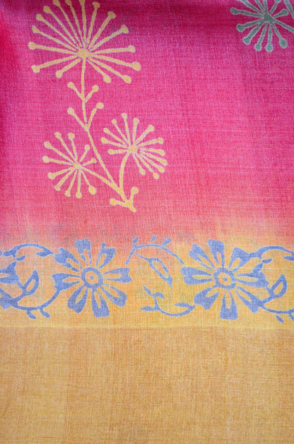 Magenta Yellow Tussar Pure Silk Handloom Saree with Block Print