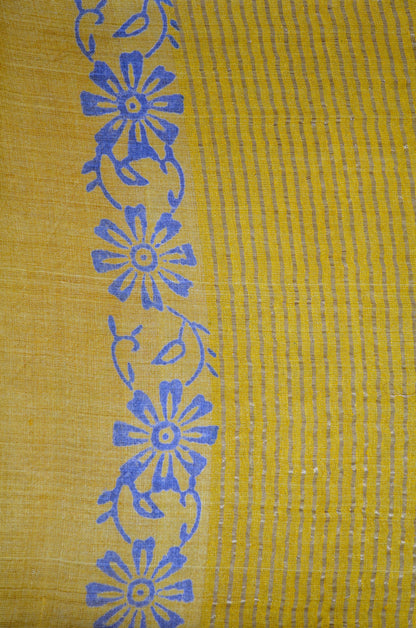 Magenta Yellow Tussar Pure Silk Handloom Saree with Block Print