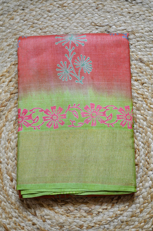 Rust Tussar Pure Silk Handloom Saree with Block Prints