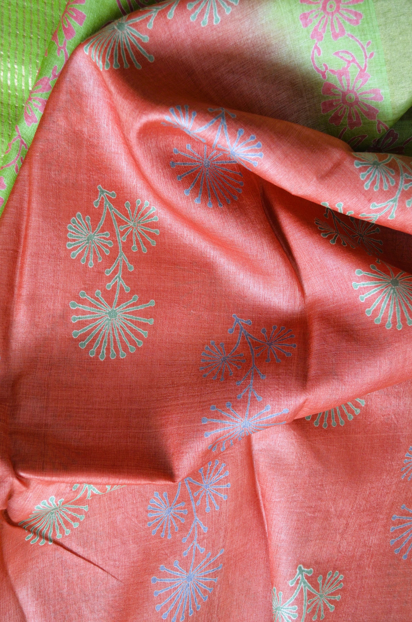 Rust Tussar Pure Silk Handloom Saree with Block Prints