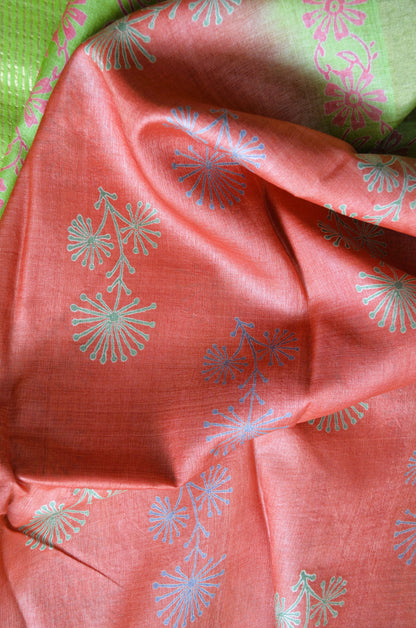 Rust Tussar Pure Silk Handloom Saree with Block Prints