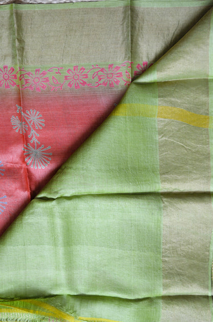 Rust Tussar Pure Silk Handloom Saree with Block Prints