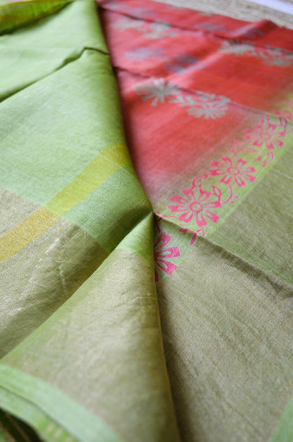 Rust Tussar Pure Silk Handloom Saree with Block Prints