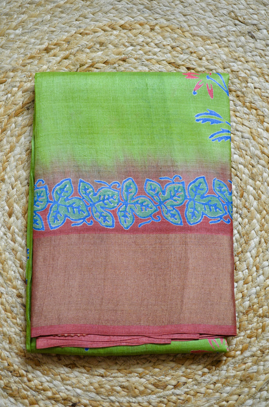 Olive Green Tussar Pure Silk Handloom Saree with Block Prints