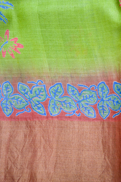 Olive Green Tussar Pure Silk Handloom Saree with Block Prints
