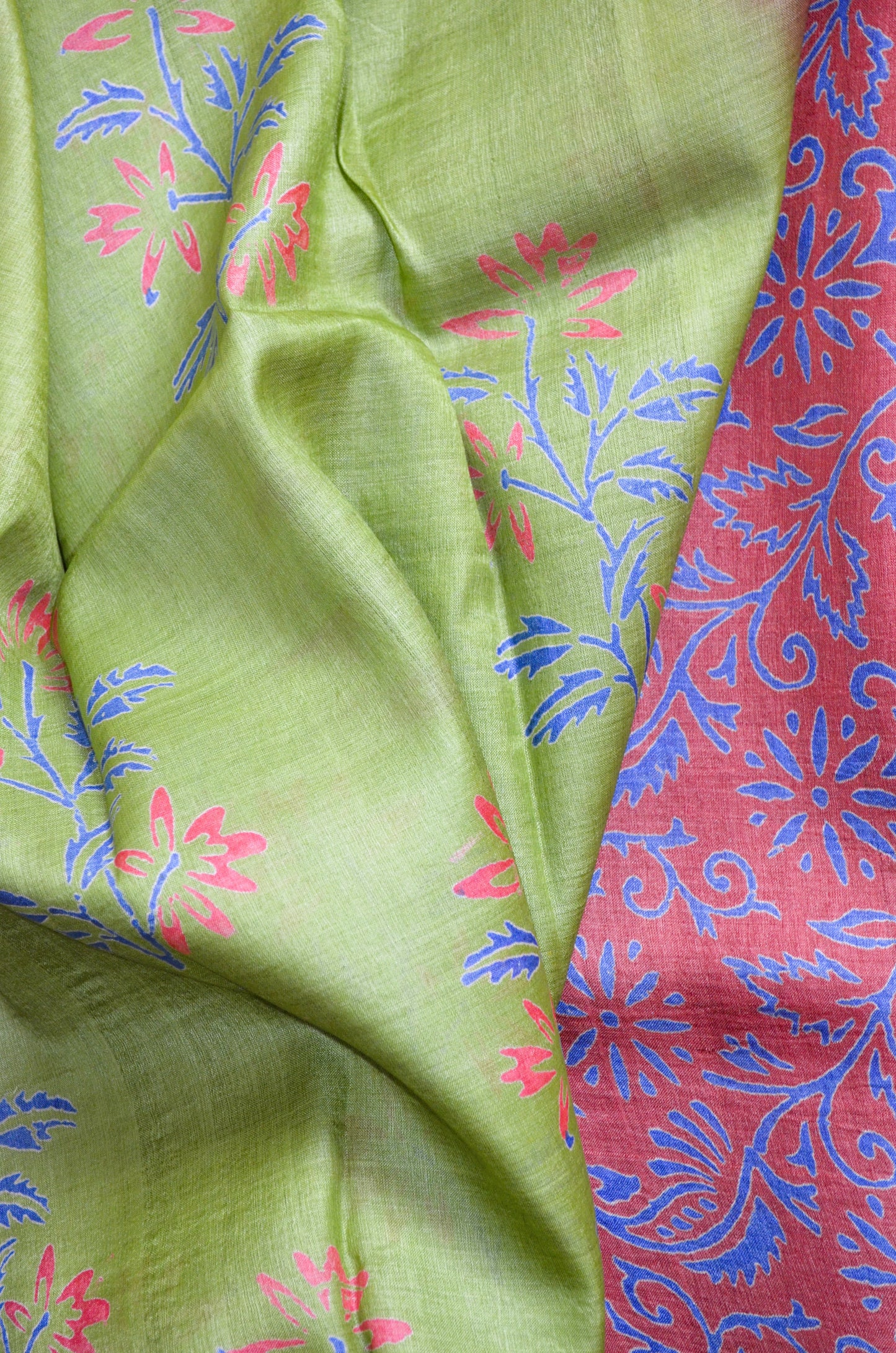 Olive Green Tussar Pure Silk Handloom Saree with Block Prints
