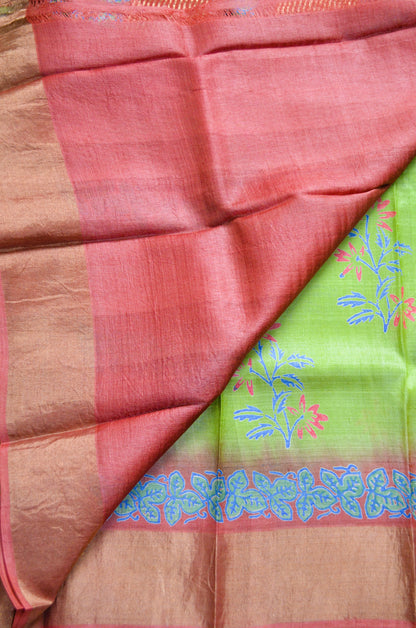Olive Green Tussar Pure Silk Handloom Saree with Block Prints