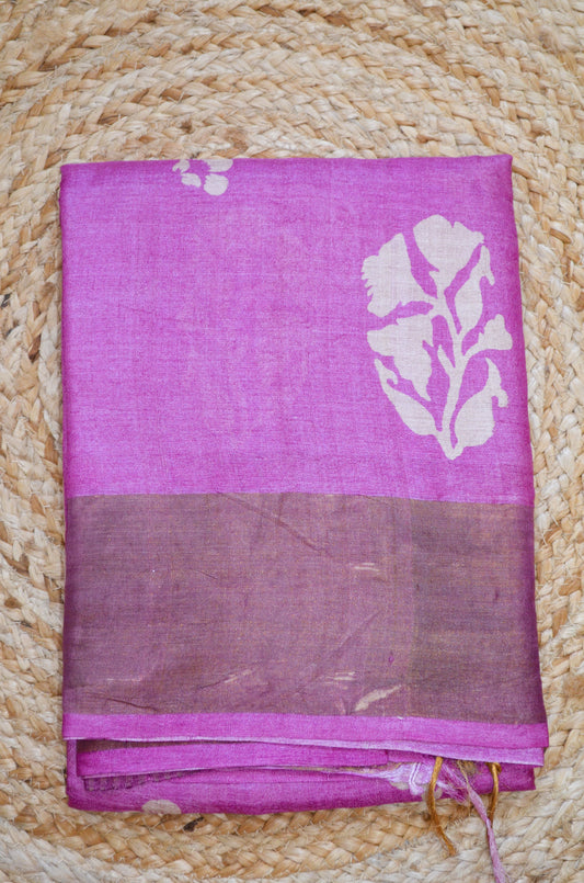 Magenta Tussar Pure Silk Handloom Saree with Block Prints
