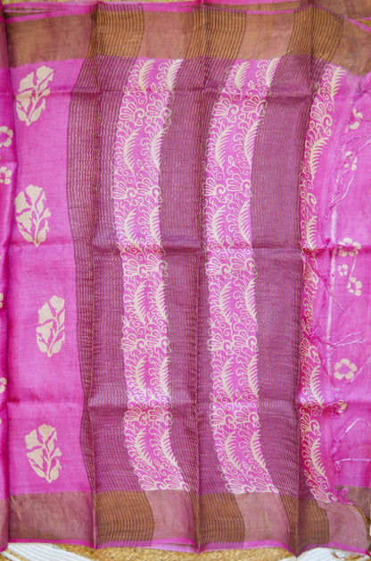 Magenta Tussar Pure Silk Handloom Saree with Block Prints