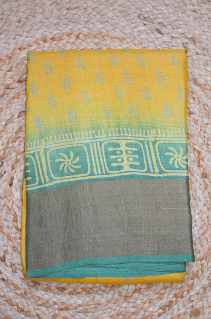 Yellow Tussar Pure Silk Handloom Saree with Block Prints