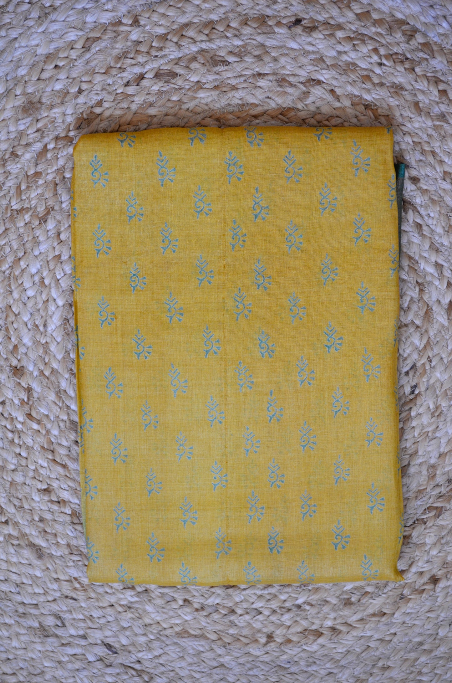 Yellow Tussar Pure Silk Handloom Saree with Block Prints