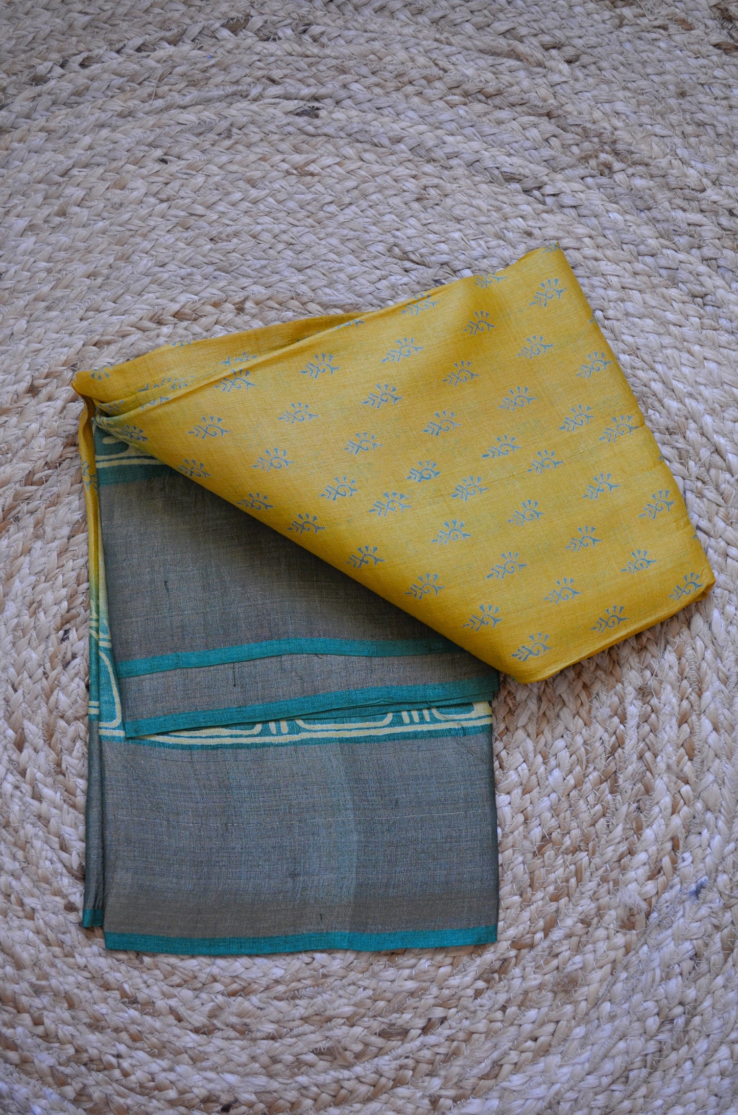 Yellow Tussar Pure Silk Handloom Saree with Block Prints