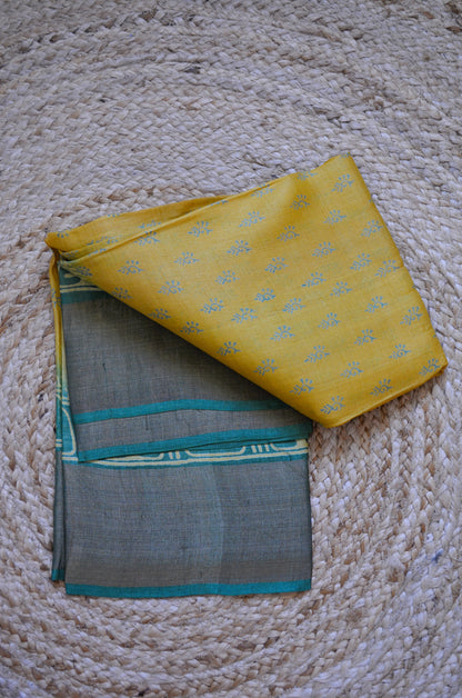 Yellow Tussar Pure Silk Handloom Saree with Block Prints