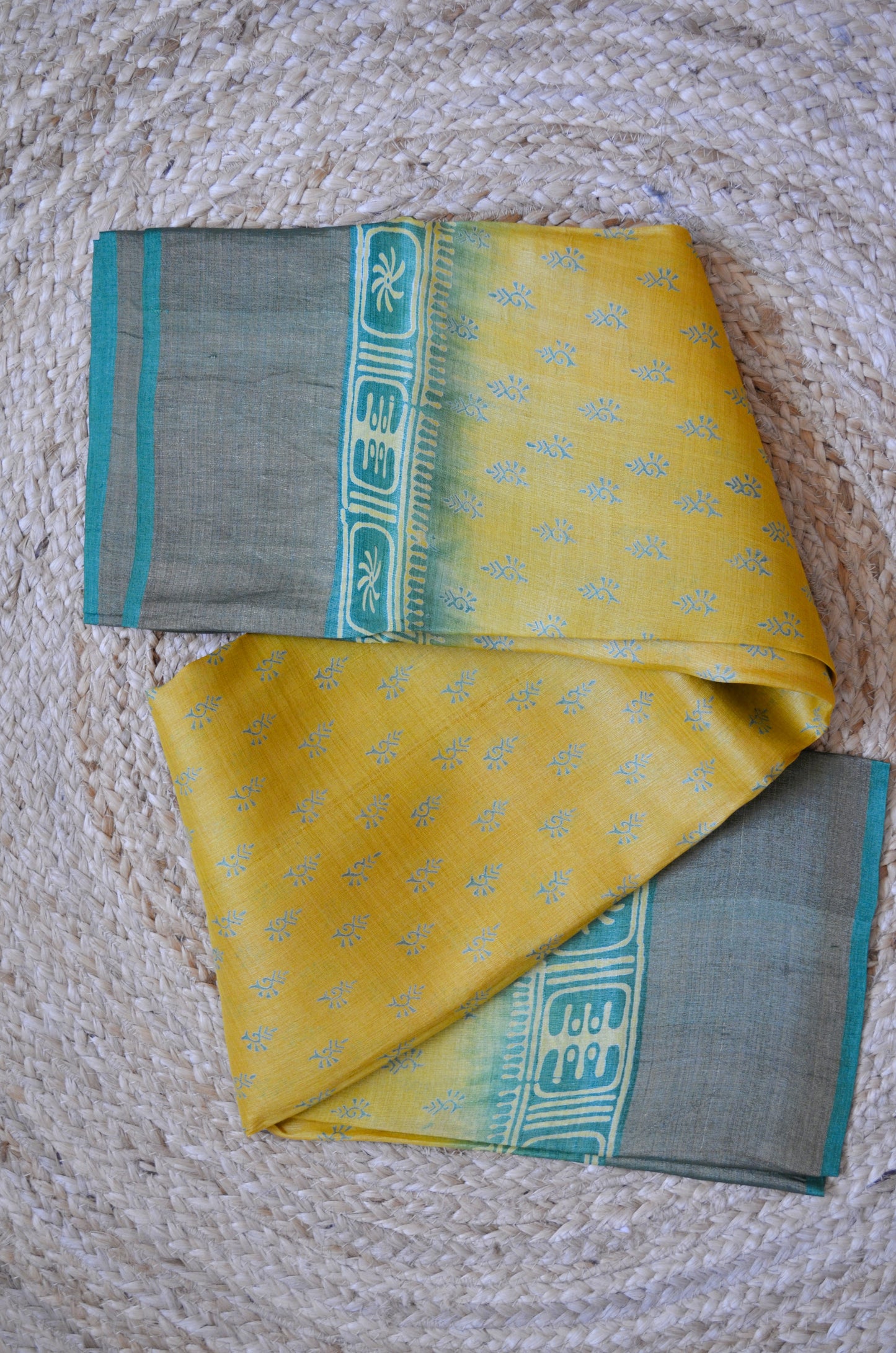 Yellow Tussar Pure Silk Handloom Saree with Block Prints