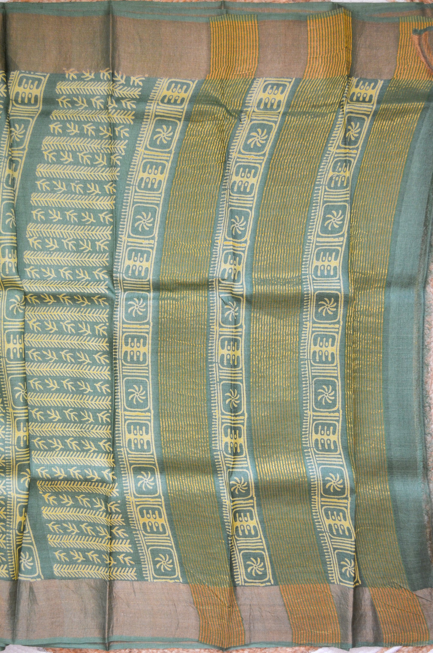 Yellow Tussar Pure Silk Handloom Saree with Block Prints