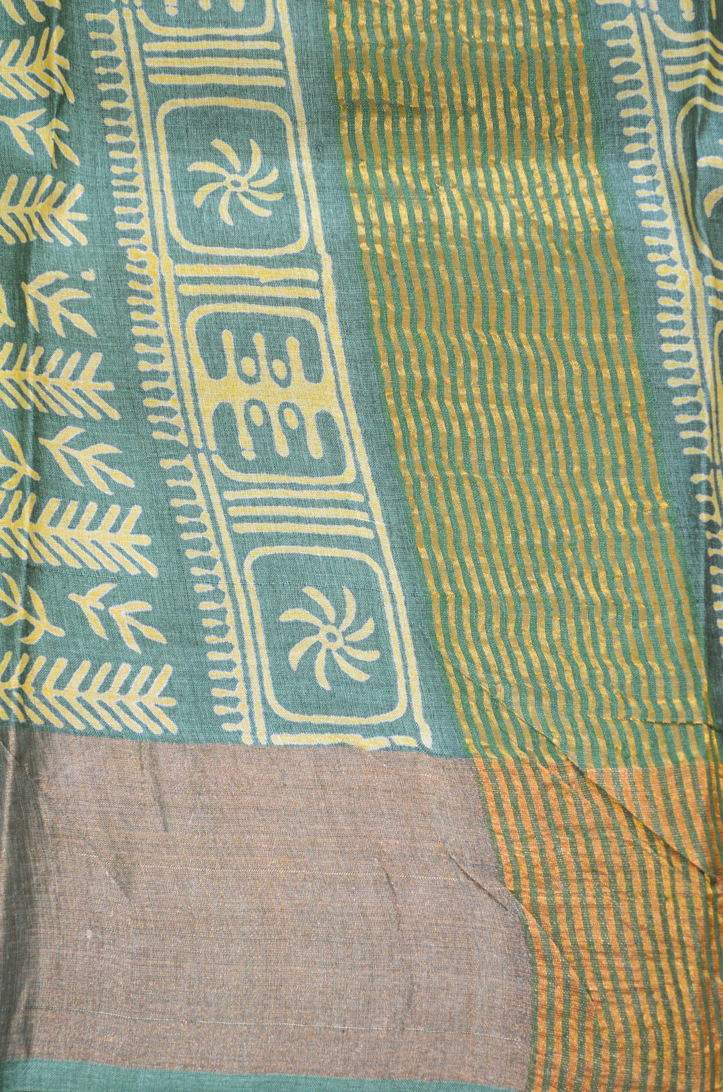Yellow Tussar Pure Silk Handloom Saree with Block Prints