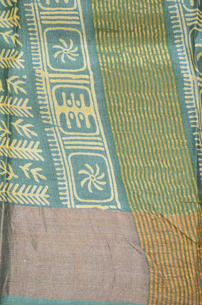 Yellow Tussar Pure Silk Handloom Saree with Block Prints