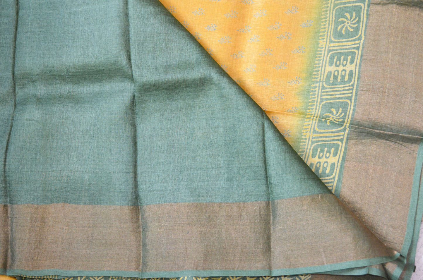 Yellow Tussar Pure Silk Handloom Saree with Block Prints