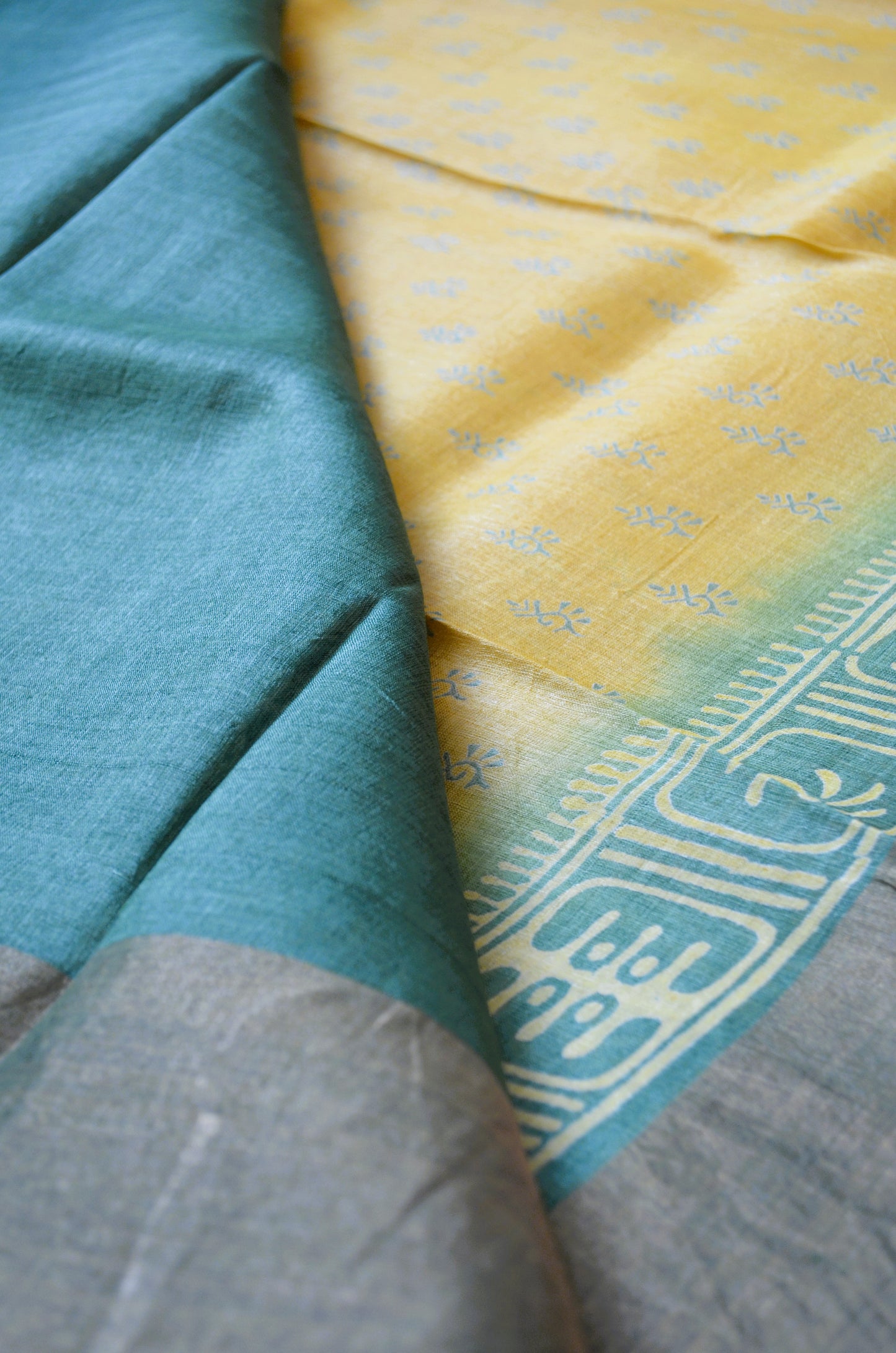 Yellow Tussar Pure Silk Handloom Saree with Block Prints