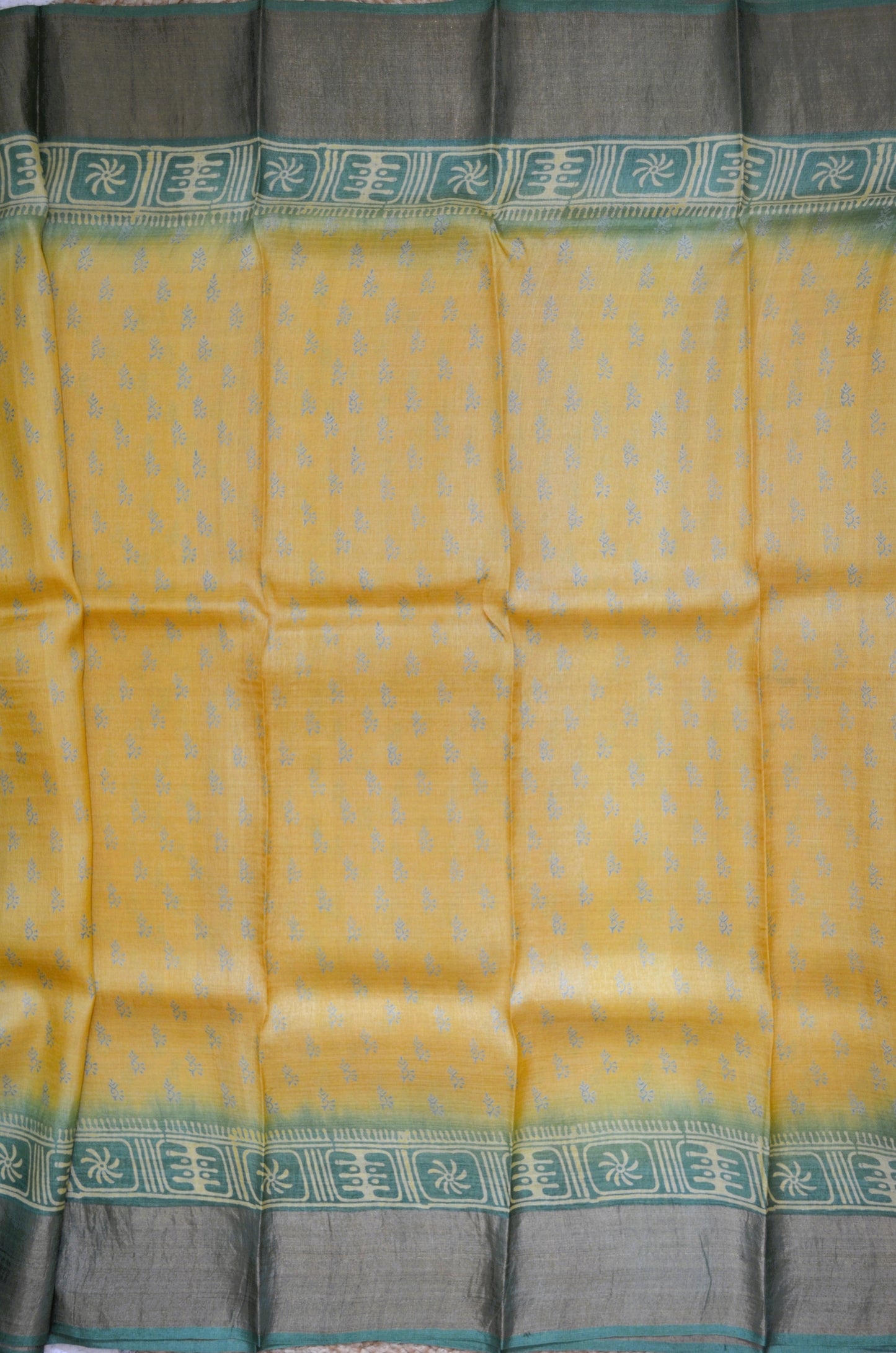 Yellow Tussar Pure Silk Handloom Saree with Block Prints