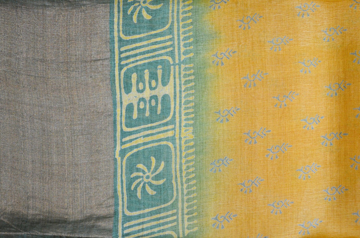 Yellow Tussar Pure Silk Handloom Saree with Block Prints