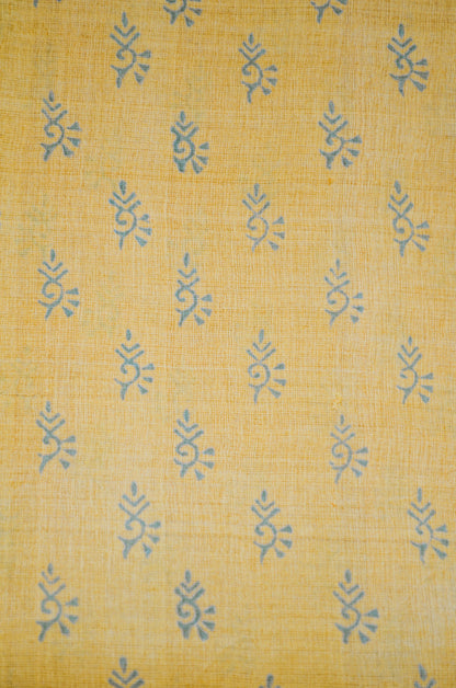 Yellow Tussar Pure Silk Handloom Saree with Block Prints