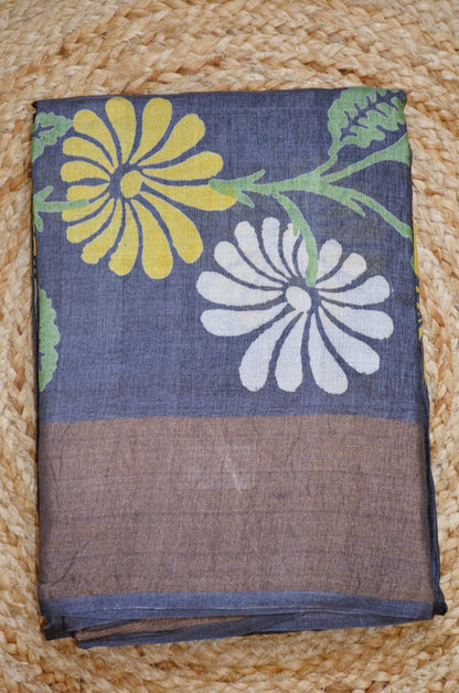 Steel Tussar Pure Silk Handloom Saree with Block Flower Prints