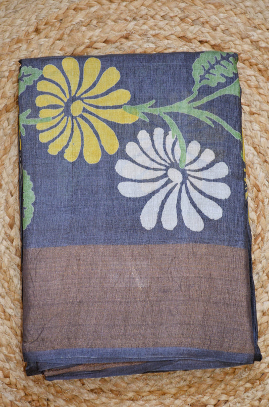 Steel Tussar Pure Silk Handloom Saree with Block Flower Prints