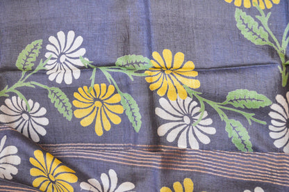 Steel Tussar Pure Silk Handloom Saree with Block Flower Prints