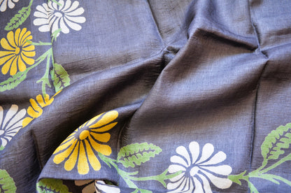 Steel Tussar Pure Silk Handloom Saree with Block Flower Prints