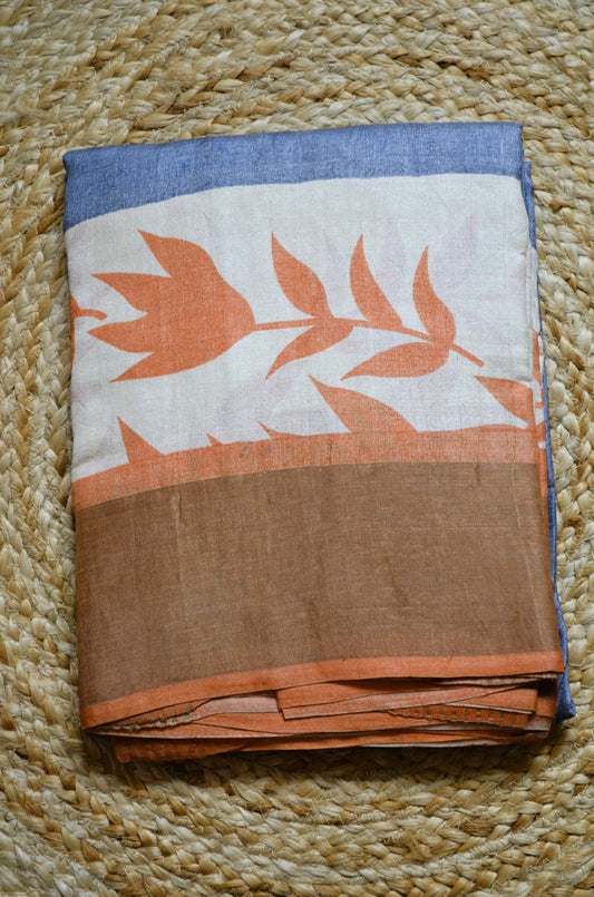 Grey Tussar Pure Silk Handloom Saree with Block Prints