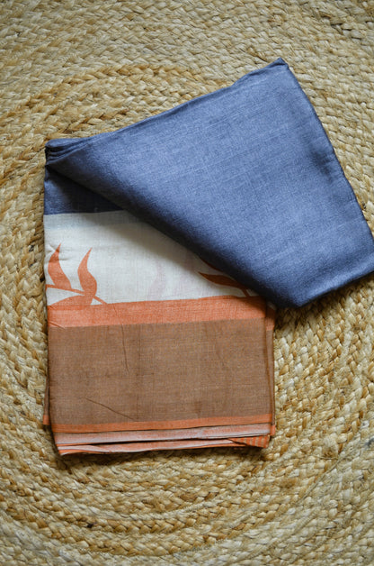 Grey Tussar Pure Silk Handloom Saree with Block Prints